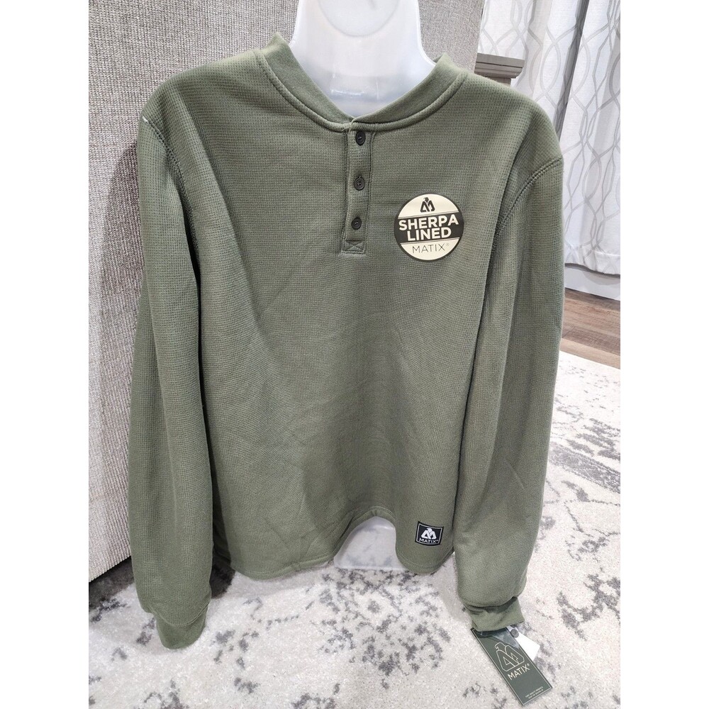 Men's Thermal Shirt Matix Long Sleeve Small 1/4 Button Sherpa Lined Olive Green